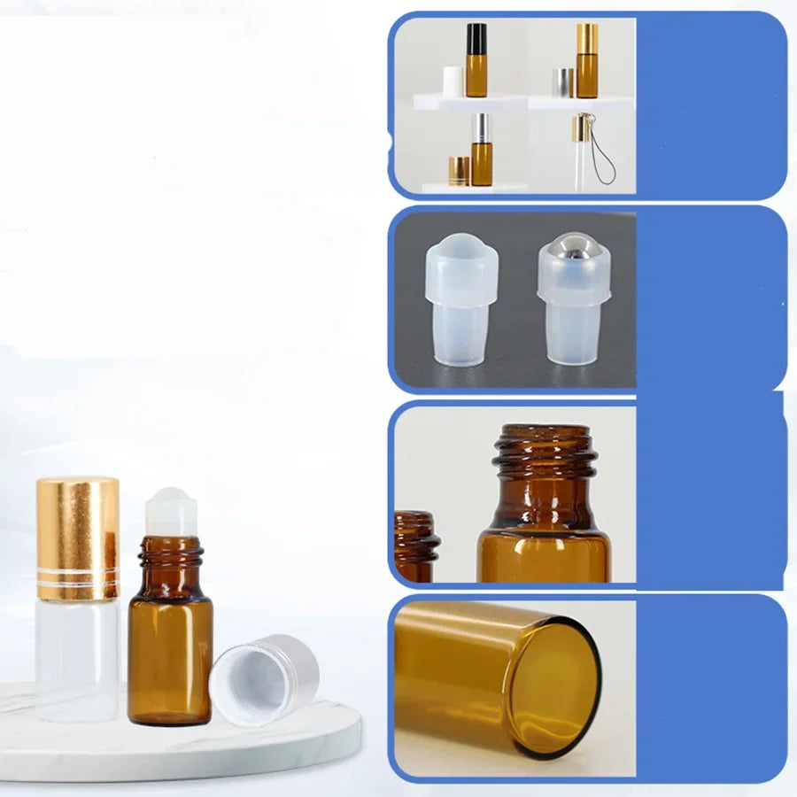 5PC Amber Roller Ball Glass Oil Bottles - Refillable Perfume Containers (1/2/3/5/10ML)