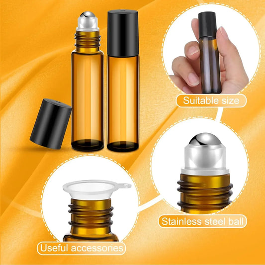 5PC Amber Roller Ball Glass Oil Bottles - Refillable Perfume Containers (1/2/3/5/10ML)