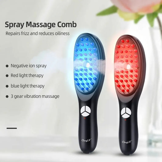 Electric Scalp Massager with Blue and Red Light Therapy, Vibration, and Negative Ion Spray for Hair Growth