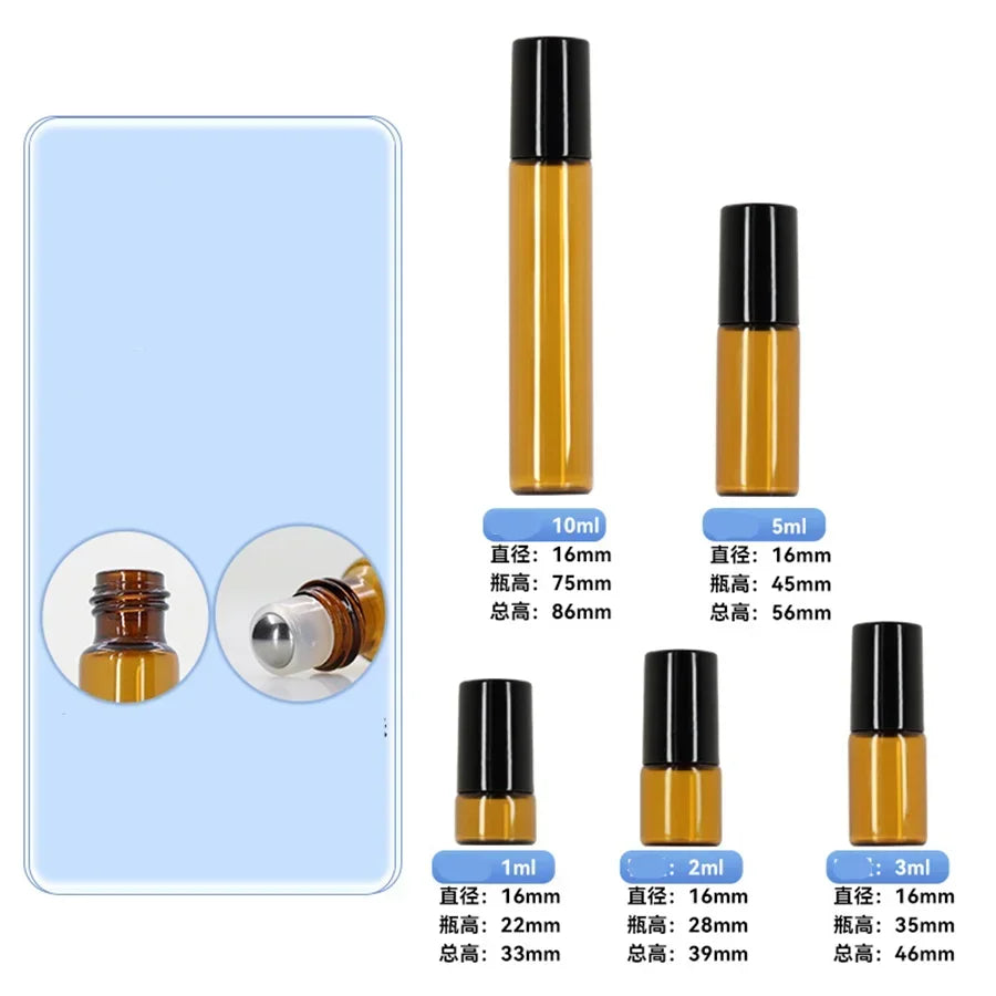 5PC Amber Roller Ball Glass Oil Bottles - Refillable Perfume Containers (1/2/3/5/10ML)