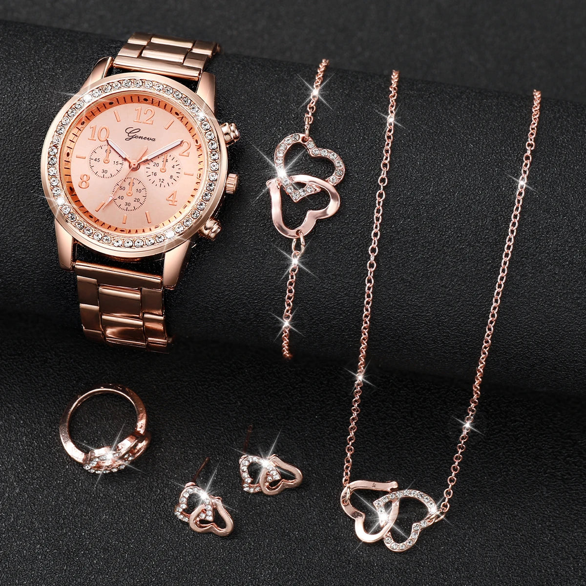 6-Piece Women's Quartz Watch Set featuring a Stylish Rhinestone Stainless Steel Band and Double Heart Design