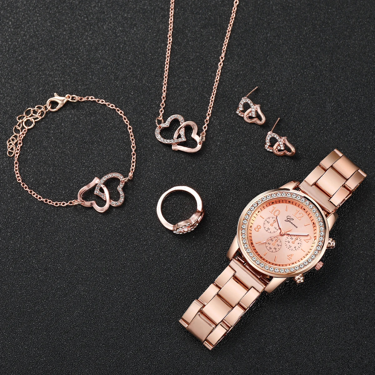 6-Piece Women's Quartz Watch Set featuring a Stylish Rhinestone Stainless Steel Band and Double Heart Design